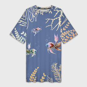 Платье-футболка 3D с принтом Разноцветные акварельные рыбки с морскими водорослями в Кировске,  |  | акварельные водоросли | акварельные рыбки | акварельный дизайн | акварельный принт | аквариум | аквариумные рыбки | морской | морской дизайн | разноцветные водоросли | разноцветные рыбки