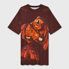 Платье-футболка 3D с принтом Золотая рыбка на фоне волн в Кировске,  |  | goldfish | аквариум | золотая рыбка | рыба | рыбка