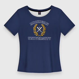 Женская футболка 3D Slim с принтом Michigan University, дизайн в стиле американского университета на синем фоне в Кировске,  |  | est | michigan | university | америка | американские университеты | американский колледж | американский спорт | биты | колледж | мяч | спорт | сша | университеты америки