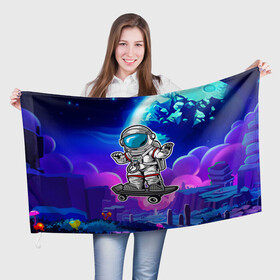Флаг 3D с принтом Космонавт - скейтер в Кировске, 100% полиэстер | плотность ткани — 95 г/м2, размер — 67 х 109 см. Принт наносится с одной стороны | астронавт | космонавт | космос | скейт | скейтер