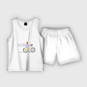 Детская пижама с шортами хлопок с принтом Девушка с лавандой в Кировске,  |  | велосипед | девушка | девушка на велосипеде | лаванда | цветок