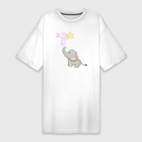 Платье-футболка хлопок с принтом Милый Слонёнок и Кролик Играют Со Звездой в Кировске,  |  | animals | beast | cute | hare | rabbit | животные | заяц | звери | кролик | крольчонок | милый | слон | слонёнок