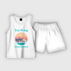 Детская пижама с шортами хлопок с принтом Серфинг на Мальдивских островах. в Кировске,  |  | виндсерфинг | водный спорт | волна | мальдивы | океан | отдых на мальдивах | пальмы | серфинг | серфингист | текст | чайки