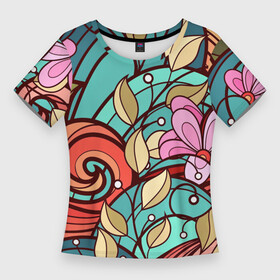 Женская футболка 3D Slim с принтом Цветочный принт  арт в Кировске,  |  | handeyework | арт | в подарок | весна | красочная | лето | линии | патерны | разноцветные | рисунок | сочная | текстуры | узоры | цветочный | цветы | яркая | яркий