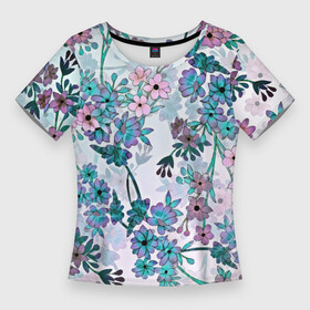Женская футболка 3D Slim с принтом Яркие красочные цветы в Кировске,  |  | арт | ветка дерева | ветки дерева | куст | кусты | рисунок | цветок | цветущее дерево | цветы | яркие цветы