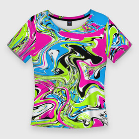Женская футболка 3D Slim с принтом Абстрактные мраморные разводы в ярких цветах. Поп арт в Кировске,  |  | 90ые | абстрактный | белый | волны | зеленый | мрамор | неоновые цвета | поп арт | разводы | розовый | стиль 90х | черный | яркие цвета | яркий