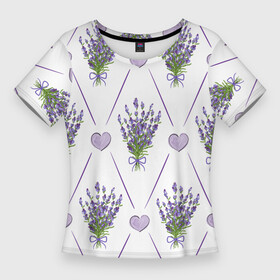 Женская футболка 3D Slim с принтом Лавандовые сердца в Кировске,  |  | Тематика изображения на принте: букеты | букеты лаванды | лаванда | сердца | цветы
