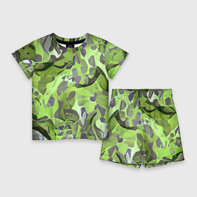 Детский костюм с шортами 3D с принтом Green breeze в Кировске,  |  | art | camouflage | colors | gray | green | military | pattern | soldier | war | военный | зеленый | камуфляж | маскировка | паттерн | серый | солдат | узор