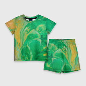 Детский костюм с шортами 3D с принтом Зелено оранжевая абстракция в Кировске,  |  | абстрактное | абстракционизм | абстракция | акварель | жидкость | зеленый | искусство | круг | оранжевый | пятно | текстура | узор | цвет
