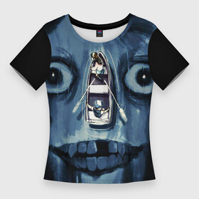 Женская футболка 3D Slim с принтом Арт  хоррор в Кировске,  |  | handeyework | аниме | арт | бойтесь | боюсь | водяной | глаза | кикимора | лицо | лодка | мумия | плавание | пучиглазый | рисунок | синий | страшное | темно миний | хоррор