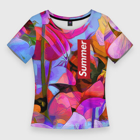 Женская футболка 3D Slim с принтом Красочный летний цветочный паттерн  Summer color pattern в Кировске,  |  | abstraction | flowers | pattern | summer | абстракция | лето | узор | цветы