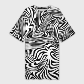 Платье-футболка 3D с принтом Сумасшедшая зебра. Абстрактный узор с извилистыми линиями в Кировске,  |  | абстракция | зебра | оптический эффект | полосы | черный и белый