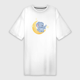 Платье-футболка хлопок с принтом Милый Слонёнок На Облаке Со Звездами в Кировске,  |  | animals | beast | cute | животные | звери | милый | слон | слонёнок