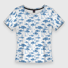 Женская футболка 3D Slim с принтом Голубые рыбки ретро принт в Кировске,  |  | Тематика изображения на принте: blue and white | fish | nautical | морской | пляжный узор | рыбы