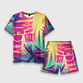 Мужской костюм с шортами 3D с принтом Хиппи вайб в Кировске,  |  | bright | colors | happy | hippie | jungle | summer | tropic | vibe | абстракция | вайб | джунгли | красочный | лето | настроение | радостный | разноцветный | счастливый | тропический | фееричный | хиппи | цвета