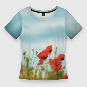 Женская футболка 3D Slim с принтом Маки  небо в Кировске,  |  | в поле | красные пятна | мак | маки | небо | небо с цветами | поле | полевые цветы | природа | с маками | с цветами | цветочный принт | цветы