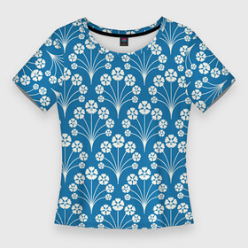 Женская футболка 3D Slim с принтом Векторные белые цветы в Кировске,  |  | арт | белый | белый рисунок | вектор | векторный рисуно | куст | кусты | рисунок | синий | цветок | цветы