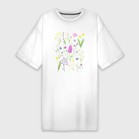 Платье-футболка хлопок с принтом Полевые цветы растения акварелью Ботаника в Кировске,  |  | акварельная иллюстрация | ботаника | ботанический | василек | иван чай | кипрей | клевер | колокольчик | лаванда | лютик | одуванчик | растения | ромашка | цветы