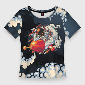 Женская футболка 3D Slim с принтом Космический корабль в облаках в Кировске,  |  | космический корабль | космонавт | космос | облака | ракета