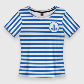 Женская футболка 3D Slim с принтом Морская тельняшка  бело синие полосы и якорь в Кировске,  |  | бело синий | вмф | морская тельняшка | моряк | полосатая майка | полоски | тельняшка | якорь