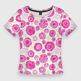 Женская футболка 3D Slim с принтом Яркие розовые цветы в дудл стиле, абстракция в Кировске,  |  | акварель | акварельные пятна | весна | дудл | зеленый | каракули | летний паттерн | лето | луг | паттерн | розовый | узор | цветы