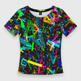 Женская футболка 3D Slim с принтом Падающие буквы  ТЕКСТУРА в Кировске,  |  | абстракция | алфавит | знак | иероглиф | текст | узор | фон | цвет