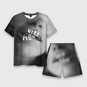 Мужской костюм с шортами 3D с принтом Kiss me в Кировске,  |  | girl | kisss me | love | strong | white and black | губы | девушка | лицо | любовь | надписи | поцелуй | поцелуй меня | с надписями | страсть | фото | фотоарт | черно белое | черно белые | чувства