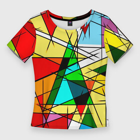 Женская футболка 3D Slim с принтом ЦВЕТНОЙ ВИТРАЖ в Кировске,  |  | абстракт | красочный | оптическая иллюзия | розовый | синий | стекло | треугольник | цветной
