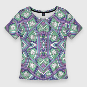Женская футболка 3D Slim с принтом Абстрактный разноцветный принт в дудл стиле в Кировске,  |  | абстрактный | абстракция | белый | вектор | векторная графика | векторная иллюстрация | зеленый | искусство | калейдоскоп | картина | круги | лайн арт | лиловый | линер | линии | обводка | полосы