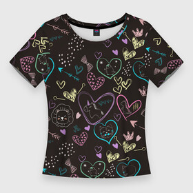 Женская футболка 3D Slim с принтом Паттерн милые животные и сердечки в Кировске,  |  | Тематика изображения на принте: дракон | единорог | корона | кот | котик | кошка | лев | львенок | паттерн | пингвин | сердце