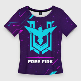 Женская футболка 3D Slim с принтом Символ Free Fire в неоновых цветах на темном фоне в Кировске,  |  | fire | free | free fire | garena | logo | neon | гарена | игра | игры | краска | лого | логотип | неон | символ | фаер | фри