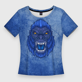 Женская футболка 3D Slim с принтом Галактическая горилла в Кировске,  |  | бигфут | гневный | голова | гордый | горилла | гримаса | дикий | животное | зверь | злой | йети | монстр | мощный | мощь | обезьяна | опасный | примат | разгневанный | сердитый | сила | синий