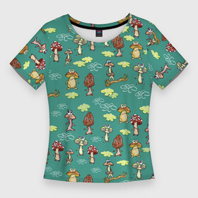 Женская футболка 3D Slim с принтом Грибные человечки. в Кировске,  |  | грибник | грибной | грибочек | грибочки | грибы | детские рисунки | детский рисунок | для детей | забавные человечки | зеленый | изумрудный | мультфильм | прикольные человечки | человечки