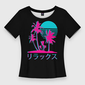 Женская футболка 3D Slim с принтом Неоновые пальмы  Иероглифы  Neon Palm Tree в Кировске,  |  | aesthetics | blue | dawn | hieroglyphs | moon | neon | night | palm | pink | sun | sunset | tree | trees | twilight | закат | иероглифы | луна | неон | неоновые | ночь | пальма | пальмы | рассвет | розовый | сансет | солнце | сумерки | эстетика