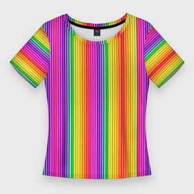 Женская футболка 3D Slim с принтом ЦВЕТНЫЕ РАДУЖНЫЕ ЛИНИИ в Кировске,  |  | желтый | забавный | зеленый | красный | красочный | лето | одно направление | оптическая иллюзия | оранжевый | радуга | розовый | текстура | тонкая линия | узор | фон