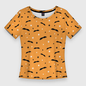 Женская футболка 3D Slim с принтом Летучие мыши, паттерн в Кировске,  |  | Тематика изображения на принте: детский | дудл | звезды | летучие | мыши | оранжевый | паттерн | силуэт | хэллоуин | черные