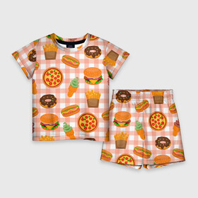 Детский костюм с шортами 3D с принтом PIZZA DONUT BURGER FRIES ICE CREAM pattern в Кировске,  |  | Тематика изображения на принте: бургер | мороженое | пицца | пончик | текстура | фон | фри