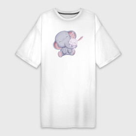 Платье-футболка хлопок с принтом Милый Слонёнок и Крольчонок Обнимаются в Кировске,  |  | animals | beast | cute | hare | rabbit | животные | заяц | звери | кролик | крольчонок | милый | слон | слонёнок