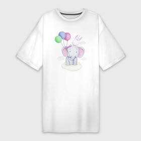 Платье-футболка хлопок с принтом Милый Слонёнок и Крольчонок На Облаке в Кировске,  |  | animals | beast | cute | hare | rabbit | животные | заяц | звери | кролик | крольчонок | милый | слон | слонёнок