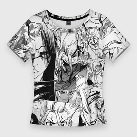 Женская футболка 3D Slim с принтом Доктор Стоун паттерн в Кировске,  |  | anime | dr. stone | gen asagiri | kohaku | senkuu ishigami | аниме | анимэ | гэн асагири | доктор стоун | кохаку | сэнку исигами | сэнку ишигами