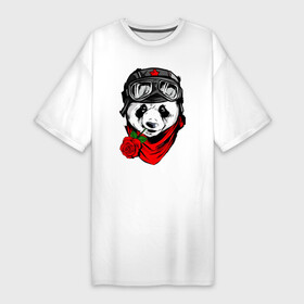Платье-футболка хлопок с принтом Панда с розой во рту в Кировске,  |  | bear | panda | бамбуковый медведь | белый | большая панда | бурый | гризли | зверь | косолапый | медведь | мишка | панда | панды | роза | розачка | топтыгин | хищник | цветы