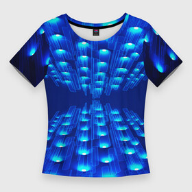 Женская футболка 3D Slim с принтом GLOWING SPOTLIGHTS в Кировске,  |  | абстракция | блеск | блестящий | луч | освещение | освещенный | прожектор | пространство | свет | светящийся | свечение | синий | темнота | фон | черный | эффект | яркий