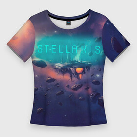 Женская футболка 3D Slim с принтом Stellaris космический корабль на фоне астероидов в Кировске,  |  | paradox development studio | paradox interactive | stellaris | галактика | космический корабль | космос | расы | стратегия