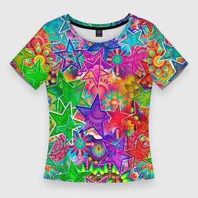 Женская футболка 3D Slim с принтом COLOR STARFALL в Кировске,  |  | абстракция | желтый | звездопад | звезды | космос | красиво | минимализм | узор | фиолетовый | фон | цвета
