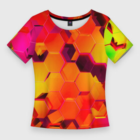 Женская футболка 3D Slim с принтом НЕОНОВЫЕ ГРАДИЕНТНЫЕ 3D гексаэдры в Кировске,  |  | 3d | 3d неон | 3д | 3д неон | 3д неон желтый | 3д неон оранжевый | броня | желтые принты | киберброня | киберпанк | киберпанк броня | красочные принты | латние принты | неон | неоновые принты