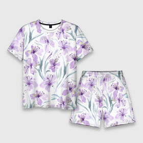 Мужской костюм с шортами 3D с принтом Цветы Фиолетовые Нарисованные Акварелью в Кировске,  |  | flowers | акварель | букет | нарисованные | природа | растение | фиолетовые | флора | цветы