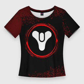 Женская футболка 3D Slim с принтом Символ Destiny и краска вокруг на темном фоне в Кировске,  |  | destiny | logo | дестини | игра | игры | краска | лого | логотип | символ | спрей