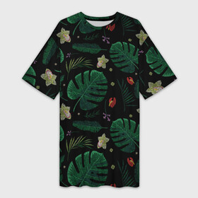 Платье-футболка 3D с принтом Тропические листья орхидеи цветы тропики эффект вышивки в Кировске,  |  | листья | орхидеи | тропики | тропические листья | тропические цветы | тропический | цветы | эффект вышивки