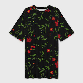 Платье-футболка 3D с принтом Красные цветы на черном фоне эффект вышивки в Кировске,  |  | вышивка | красные цветы | растительный | цветы | эффект вышивки | яркий