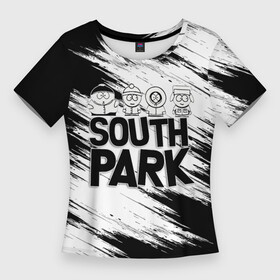Женская футболка 3D Slim с принтом Южный парк  персонажи и логотип (South Park) в Кировске,  |  | Тематика изображения на принте: eric | kenny | kyle | south park | stanley | кайл | кенни | мультфильм | саус парк | сауспарк | сериал | стэн | эрик | южный парк